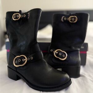 Vince Camuto Black Heeled Boots with Gold Accents